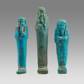 Lot of 3 Ancient Egyptian Blue Faience Ushabti Figures Late Period c.700-30 BCE.