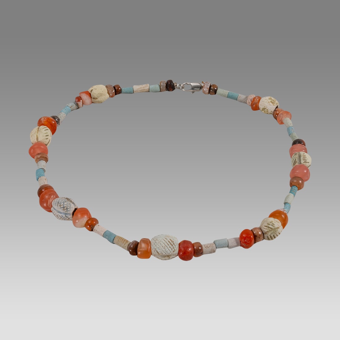 Ancient Roman Agate, Faience Bead Necklace c.2nd century AD.: Ancient Roman Agate, Faience Bead Necklace c.2nd century AD. Size 17 1/2 inches length. Great Looking single strand Agate and faience Bead necklace. wearable. Provenance: Ex Secret Eyes Gallery New Yo