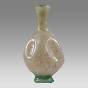 Ancient Roman Penta Vertical Buckled Vessel with Slender Neck and Ring Foot, Light Green, Roman,