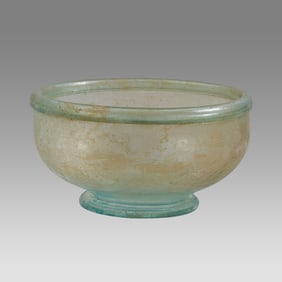Ancient Roman Small Bowl with Foot, Light Blue-Green Glass, Roman, 1st- 2nd C CE,
