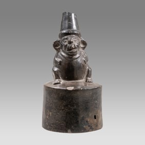 Moche seated Lord stirrup pot. 400-800 AD,