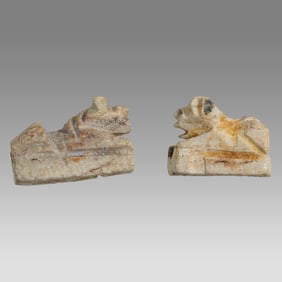 Pair of Ancient Egyptian Lion Amulets Lion Seno Recumbent, and on base lion walking, White Steatite,