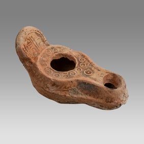 Ancient Christian Holy Land Byzantine Terracotta Oil Lamp.