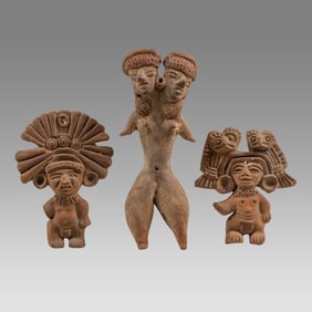 Tlatilco Double Headed Figure & 2 Teotihuacan Style Appliques.
