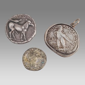 Egyptian Silver Tetradrachm, Ptolemaic in Pendant & Trajan Silver Denarius.