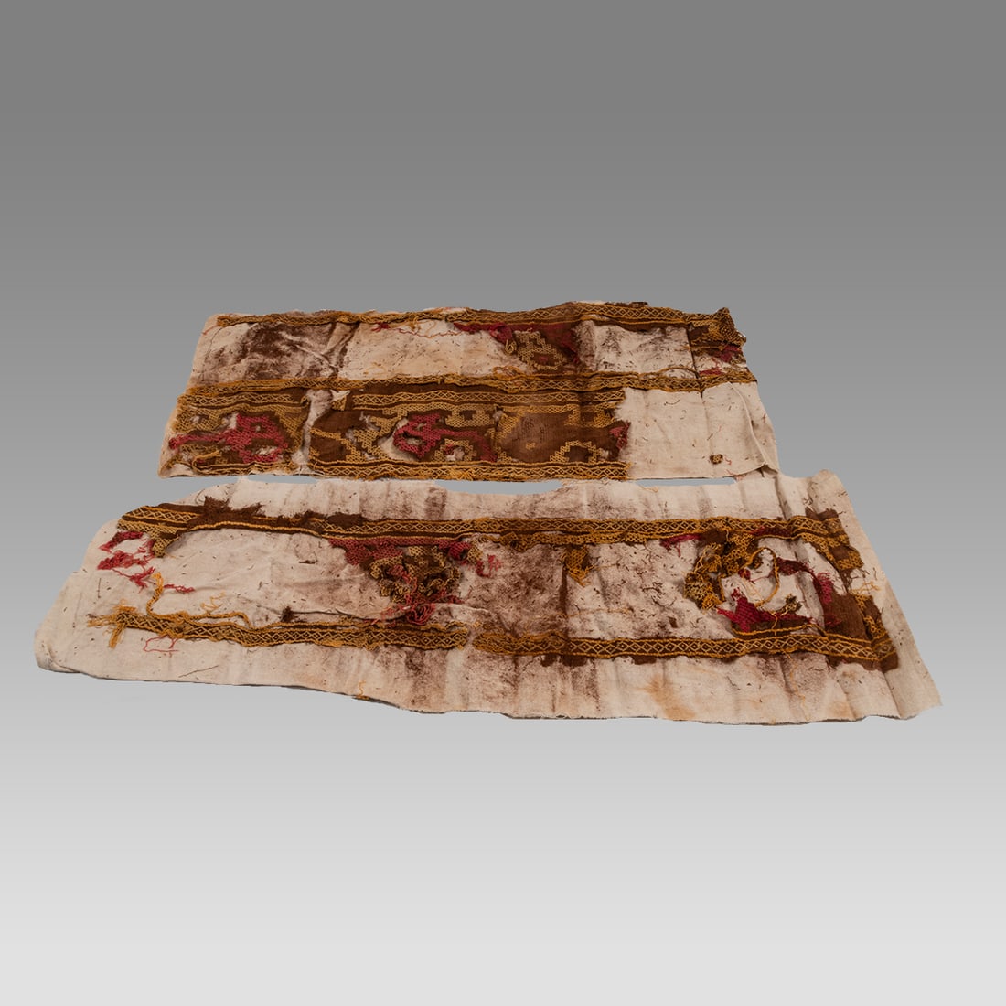 Chancay Fragmented Textile Late Horizon, ca. 900-1300 AD.(2).: Chancay Fragmented Textile Late Horizon, ca. 900-1300 AD.(2). Size 35-38 inches length, 13 inches wide. Provenance: Estate of David Sheridan, Branchburg, NJ., acquired 1950’s to early 2000’s, by d