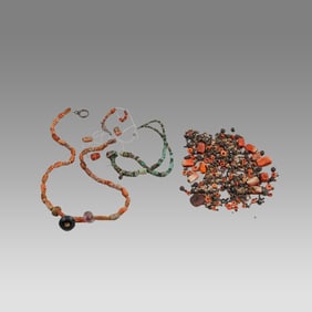 Moche Turquoise (Chrysocolla), 2 Chimu Incomplete Shell Necklaces and Loose Beads.