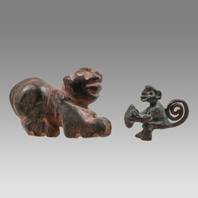 Moche Stone Jaguar and Chimu Copper Monkey Ca. 500-700 A.D./Jaguar, 800-1200 A.D./Monkey.