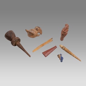 Tairona Sodalite small bird amulet and Tairona red pottery whistle, Small Chancay Parrot, Chancay