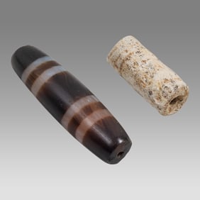 Frit or Limestone Cylinder Seal and Agate Bead (2) Ca. 2nd millennium B.C.,