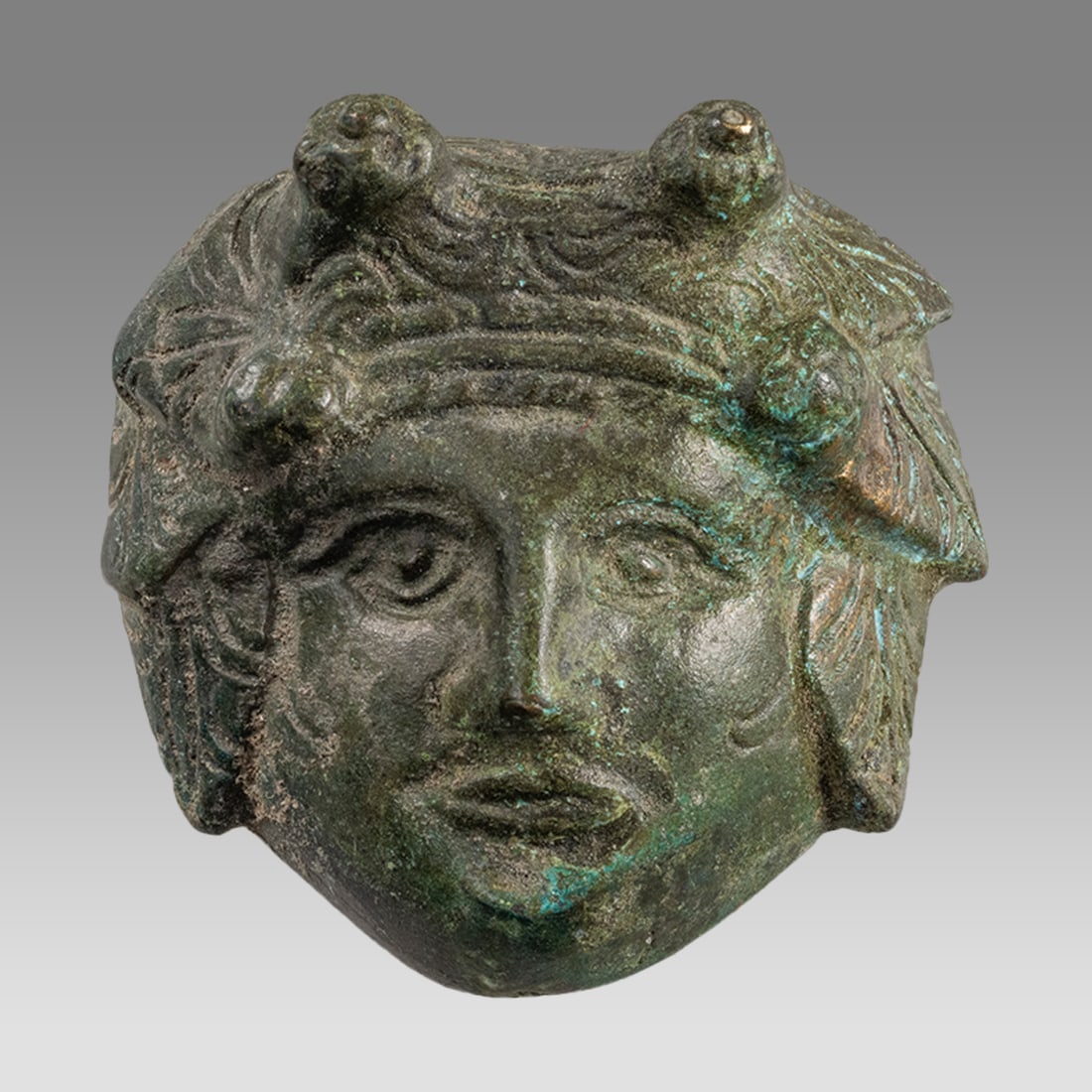 Ancient Roman Bronze Head of Dionysos Applique c.2nd century AD. (1 of 2)