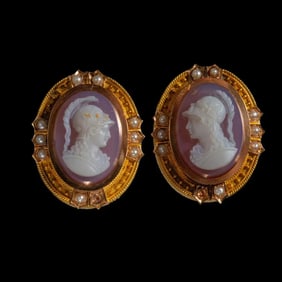 Neoclassical Cameo Stone Set in Gold Earrings c.19th century.