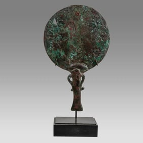 Ancient Egyptian Bronze Mirror with Isis Handle Late Period, ca. 700-30 B.C.