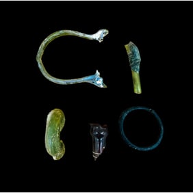 Lot of 5 Ancient Roman glass fragments including spectacular double Balsamarium handle