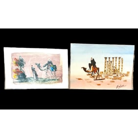 Lot of 2 Signed Middle Eastern pictures of Arab Men and Camel.