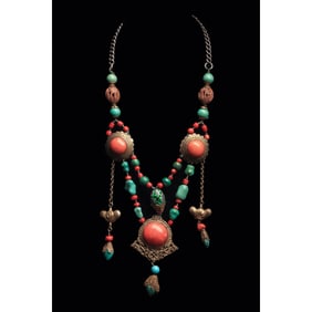 Chinese Silver, Turquoise, Coral & Bead Necklace Ching Dynasty through early 20th Cent.