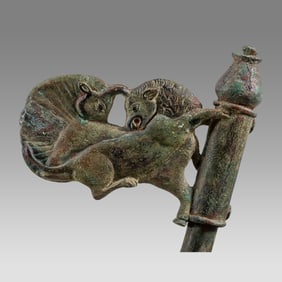 Ancient Western Asiatic Bronze Ritual Axe Head with Lion Hunting Bull c.1200-800 BC.
