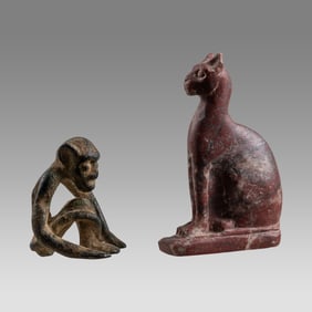 Lot of 2 African Bronze Mokey, Egyptian Style Stone Bastet Cat.