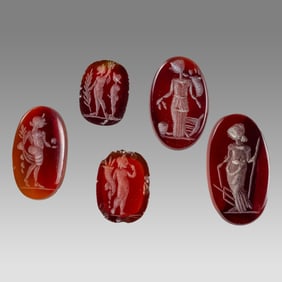 Lot of 5 Roman Style Carnelian Ingtaglio ring stones.