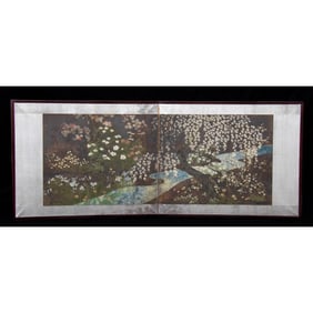 19th century Japanese Folding Screen, Weeping Cherry and Stream. East Asia, Japan, Meiji period, ca.