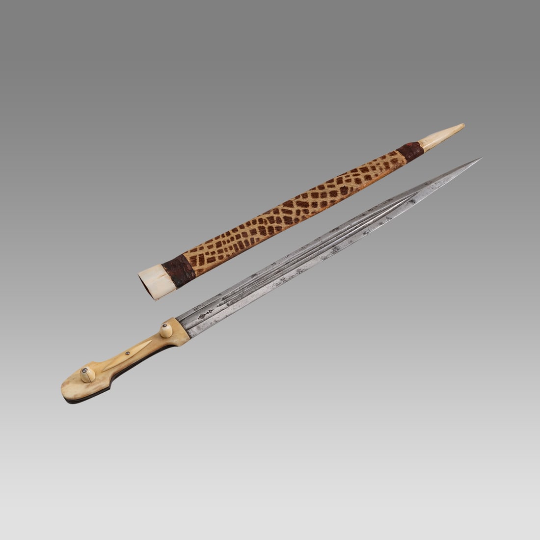 Caucasian, Cossack Dagger Kinjal Kama Kindjal Knife Qama Sword.: Caucasian, Cossack Dagger Kinjal Kama Kindjal Knife Qama Sword. Size 21 1/4 inches length with a 15 3/4 inches blade. A nice old kindjal with nice double edges steel blade, Marked. Carved bone handle