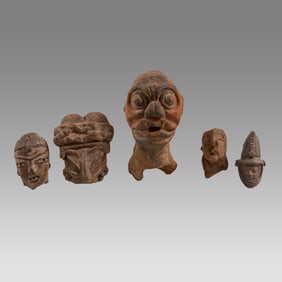 Lot of 5 Ancient Pre Columbian Pottery Heads Fragments c.100 BC- 500 AD.
