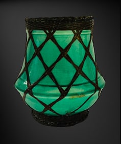 Japan. Awaji Shima Pottery Brush Pot Artist Vase Arts and Craft Bronze weaving.