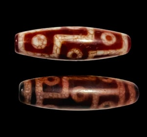 Lot of 2 Tibetan DZI agate long barrel bead inlay white grid.