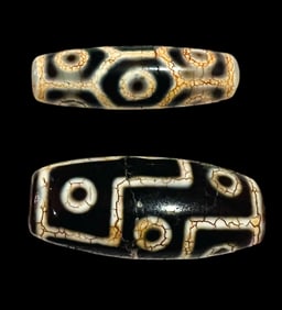 Lot of 2 Tibetan DZI agate long barrel bead inlay white grid.