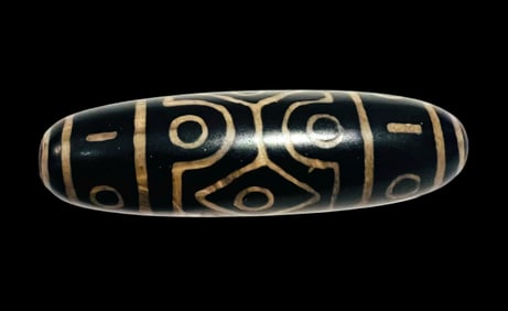Large Tibetan DZI agate long barrel bead inlay white grid.