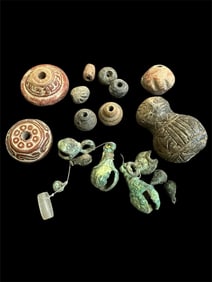 Lot of 19 Ancient Pre Columbian Pottery Spindles and Bronze Bells c.800 AD.
