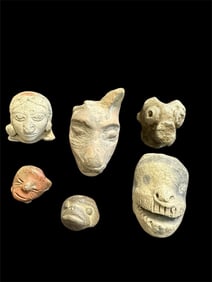 Lot of 6 Ancient Pre Columbian Pottery Heads Fragments c.100 BC- 500 AD.