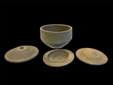 Japan, Kofun Gray Ware Ceramic Bowl, 3 Lids.