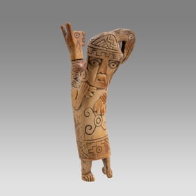Chancay Style Bone Figural Lime Container with Llama Applicator.