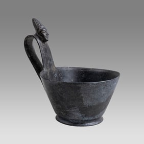 Ancient Etruscan Bucchero Ware Pottery Cup with High Looping Handle with Face Ca. 5th century B.C.