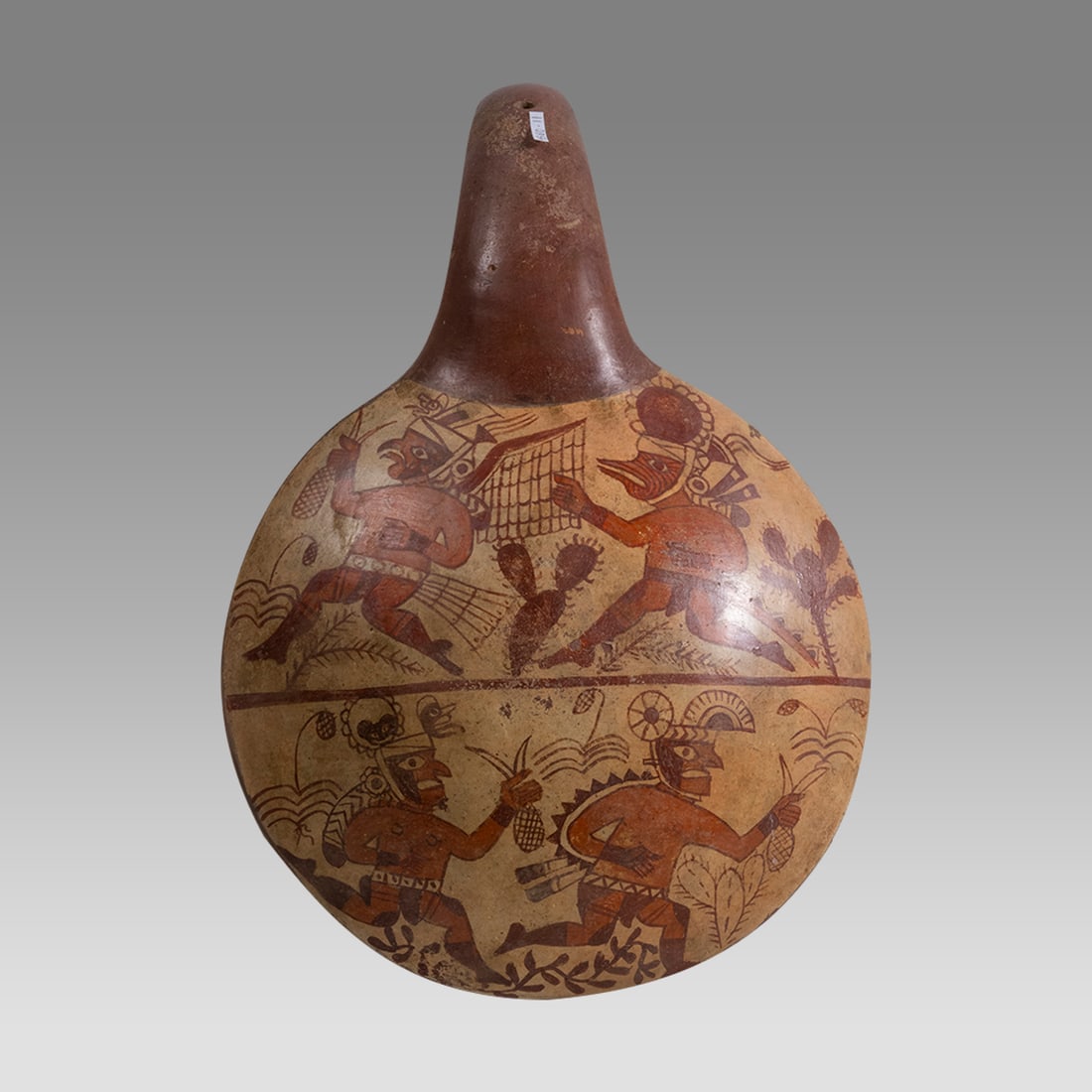 Moche Style, decorated Corn Popper.: Moche Style, decorated Corn Popper. Size 11 inches length, 7 inches wide. Decorated moche style pottery corn popper. Not ancient. Private TX. collection, active 1960’s to present.