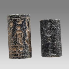 Two Black Steatite Cylinder Seals Style of Mesopotamia.