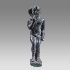 Ancient Egyptian Bronze Horus the Child Harpokrates Statuette. XXVI Dynasty, 664-525 BC.