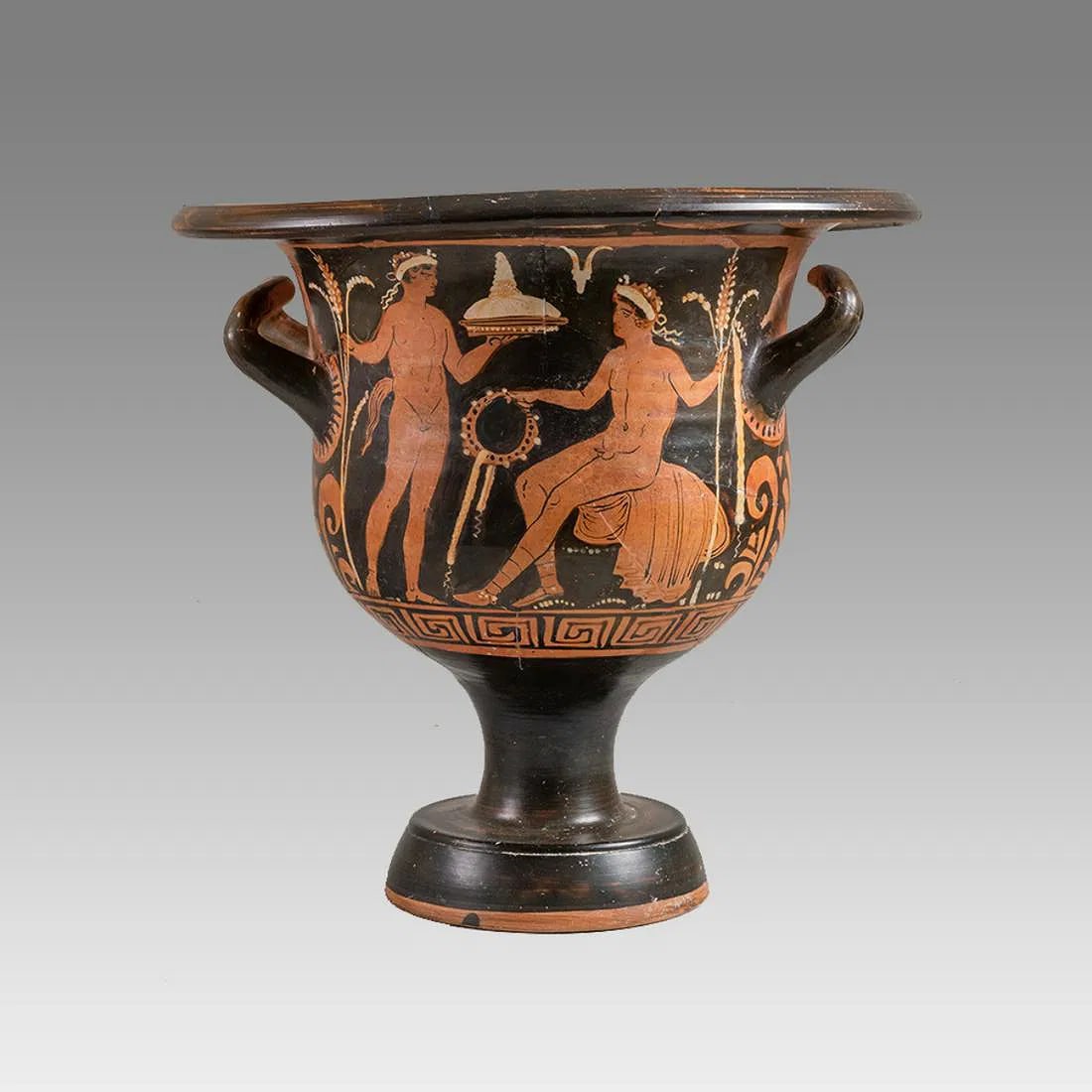 Ancient Apulian Red-Figure Bell Krater 380-370 BC.: Ancient Apulian Red-Figure Bell Krater 380-370 BC. Size 11 inches high, 11 1/2 inches diameter. Side A: Standing nude wreathed Satyr facing right holding a tray with bread?, facing seated nude Athlete