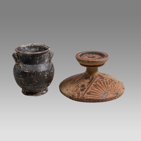 Lot of 2 Ancient Apulian Lekanis Lid, Miniature Blackware Krater c.350 BC.