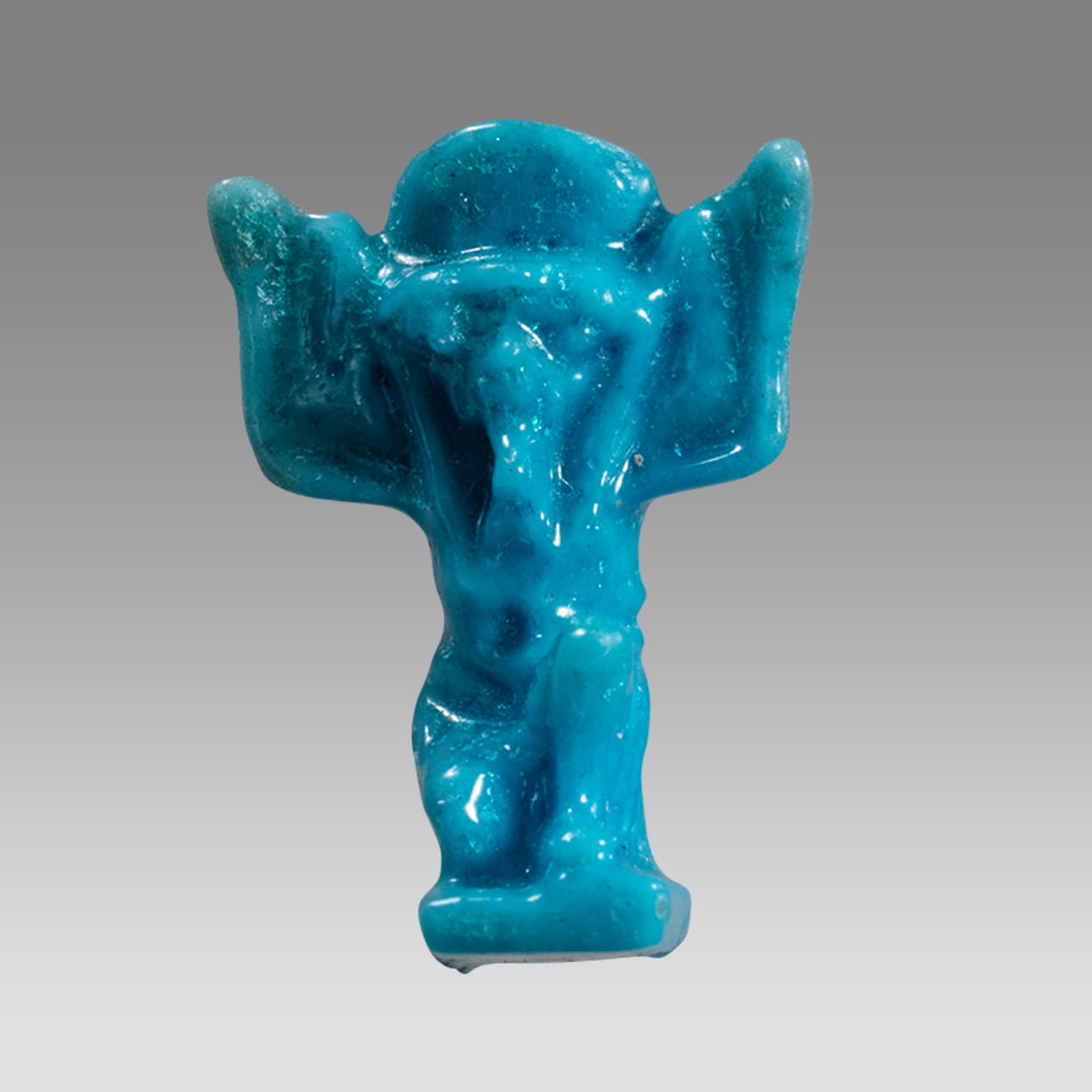 Ancient Egyptian Faience Shu god Amulet c.663-525 BC.: Ancient Egyptian Faience Shu god Amulet c.663-525 BC. Size 15 mm. Fine blue faience, shu god amulet. Suspension at back pillar. Provenance: Ex Secret Eyes Gallery New York 1970's-1980's
