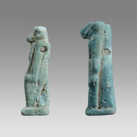 Lot of 2 Ancient Egyptian Faience, Monkey, Thoth Amulets Late period, ca. 700-30 B.C.
