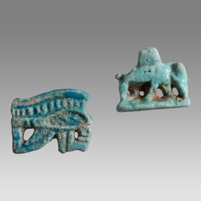 Lot of 2 Ancient Egyptian Faience, Ante Eater, Eye Of Horus Amulets Late period, ca. 700-30 B.C.