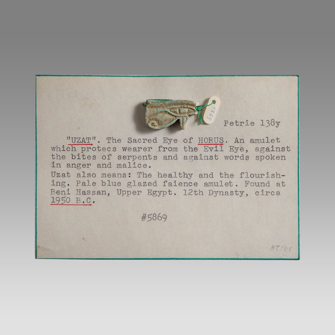 Ancient Egyptian Green Faience Eye of Horus c.300-30 BC.: Ancient Egyptian Green Faience Eye of Horus c.300-30 BC. Size 27 x 14 mm. Nice size greenish Eye of Horus Amulet with suspension hole. Provenance: Private East coast collection, From old NY collection