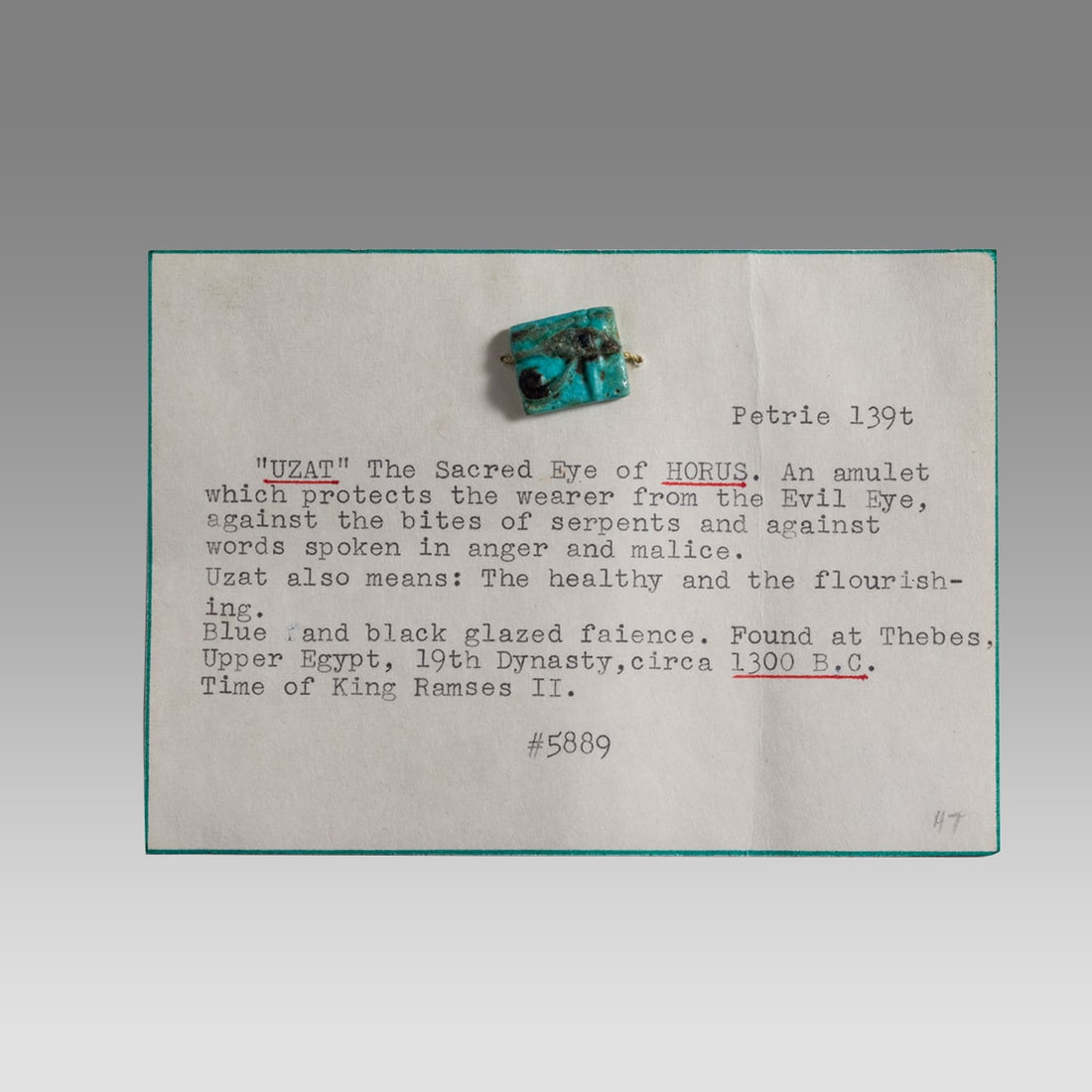 Ancient Egyptian Green Faience Eye of Horus c.300-30 BC.: Ancient Egyptian Green Faience Eye of Horus c.300-30 BC. Size 17 x 14 mm. Fine green and black glazed faience Eye of Horus Amulet with suspension hole. Provenance: Private East coast collection, From