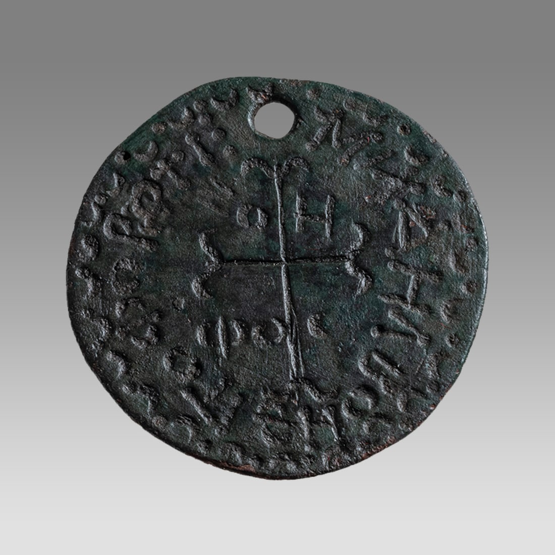 Ancient Byzantine bronze amulet with cross And Latin inscription. c.8th century AD. (1 of 2)