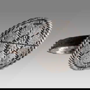 Ancient Roman Silver Ring c.2nd-4th century AD.: Ancient Roman Silver Ring c.2nd-4th century AD. Size 20 mm. Unusual silver ring with ornate decoration, wearable. Provenance: From A Private East coast collection acquired in the USA Market.