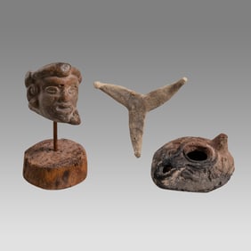 Ancient Oil Lamp, Terracotta base, Pre Columbian head,(3)