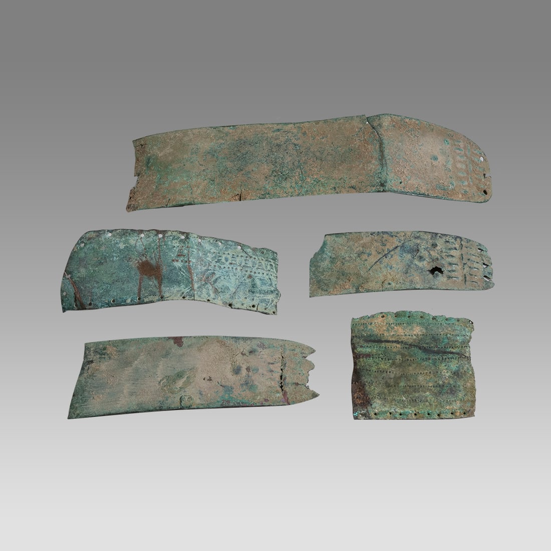 Lot of 5 Luristan Bronze Belt Fragments c.1200 BC.: Lot of 5 Luristan Bronze Belt Fragments c.1200 BC. Size 4 -13 inches length. A nice collection of 5 bronze belt fragments with decoration, Ex NYC Collection, Acquired from Anavian