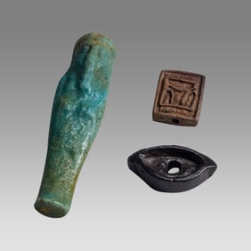 Ancient Egyptian Glass Eye, Faience Amulet and Ushabti.(3)